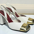 CHANEL Metallic Crackled Calfskin Square Cap Toe CC Slingback Pumps - White & Golden